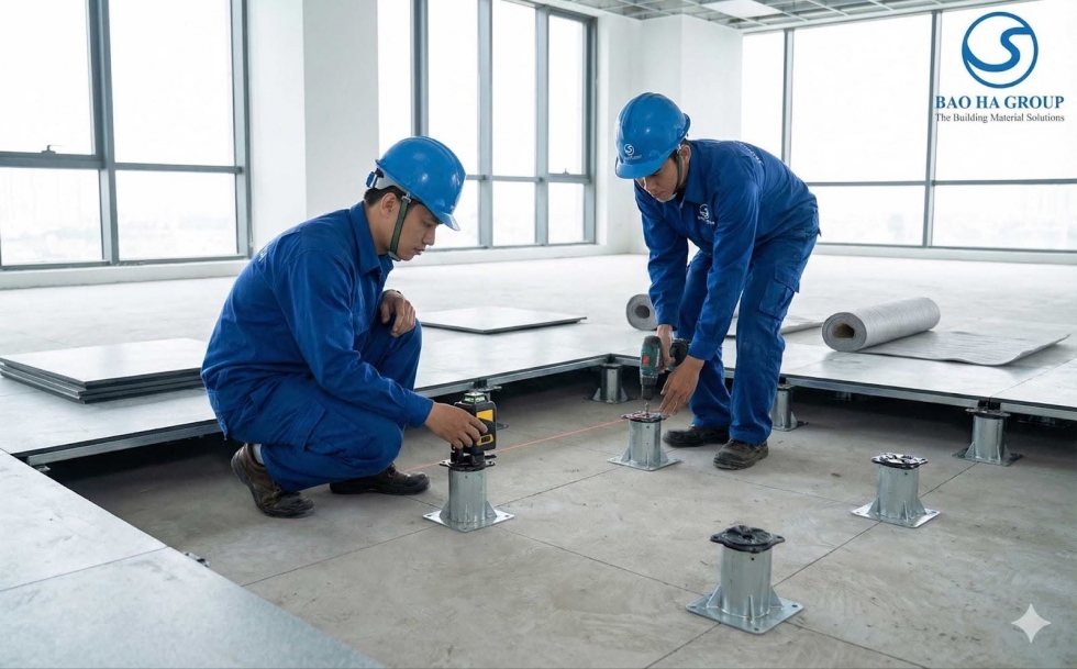 Kỹ thuật viên đang định vị và lắp đặt chân đế sàn nâng.